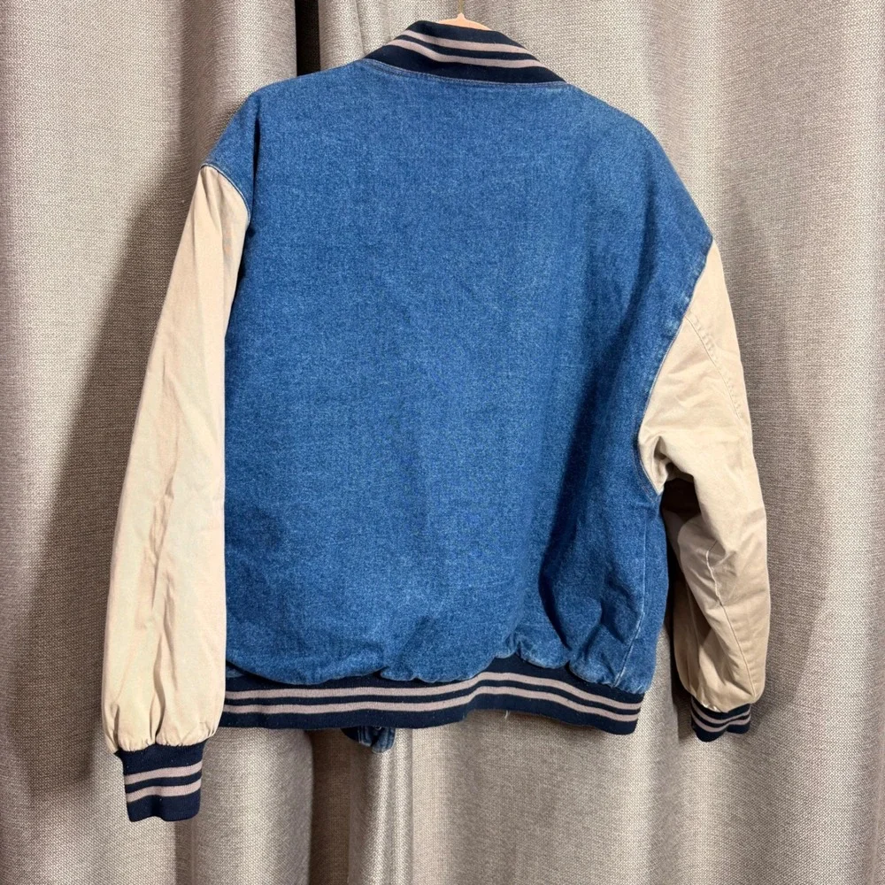 Route 66 Denim Varsity Jacket Mens Large Blue Tan Good Quilted Bomber barn